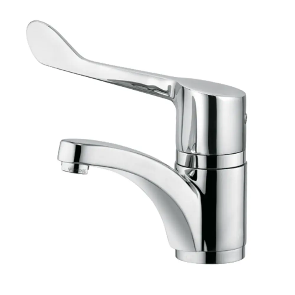 Waschtischarmatur von Kludi mit einem Hebel aus Chrom, der zur Regelung von Wasserfluss und -temperatur dient. Schlichtes Design für sanitäre Einrichtungen.